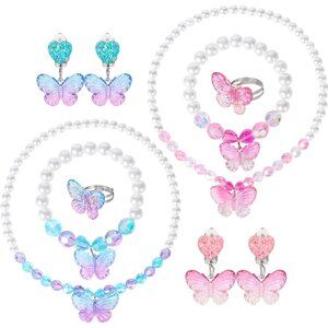2 Sets Princess Jewelry for Little Girls, Butterfly Kids Jewelry Set, Stretch Ne